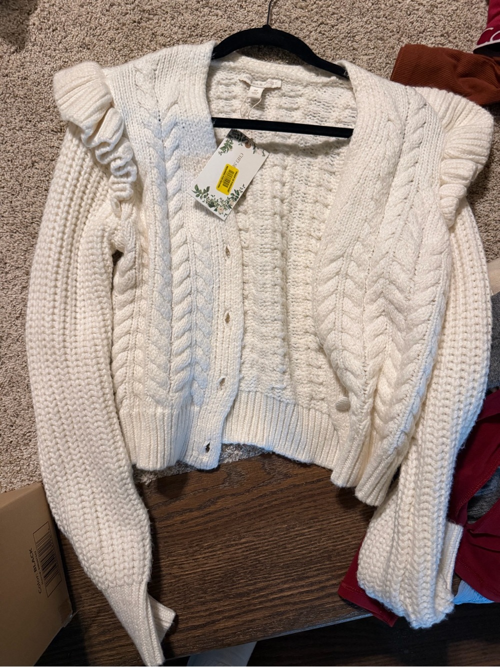 Anthropologie- Chelsea & violet off white Cable-Knit Ruffle Cardigan Sweater